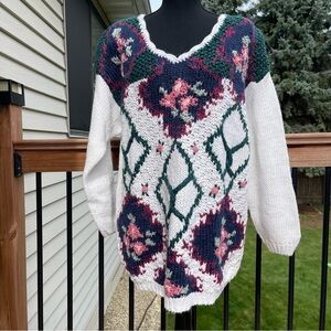 Vtg Shenanigans Sz Medium Hand Knitted Floral Sweater Cottage Grandma 80s 90s